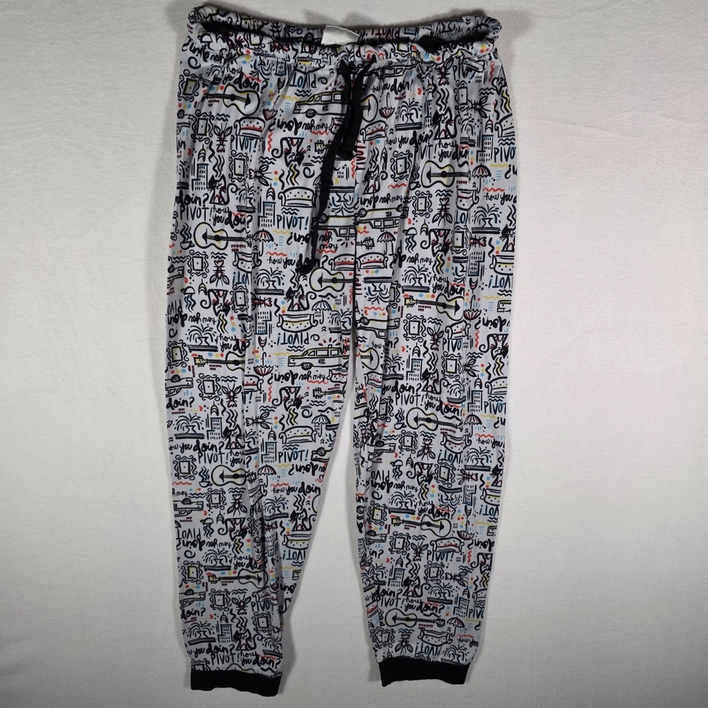 Friends TV Show Pajama‎ Joggers Womens Medium White Doodle Print How You Doin